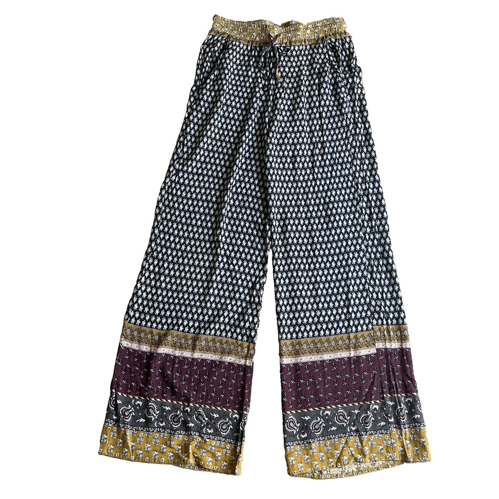 Hummingbird Pants Womens S Boho Wide leg Rayon Patchwork Paisley Pull On